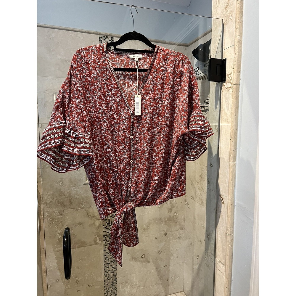 Max Studio Red White Floral Kimono Tie Front Blouse L Wide Bell Sleeve NWT